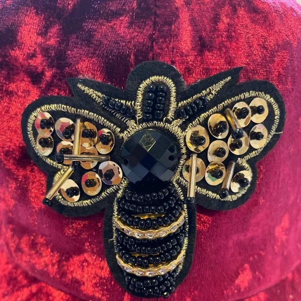 J. Elise Boutique Burgundy Golden Bee Patch Distressed Velour Velvet Fitted Cap